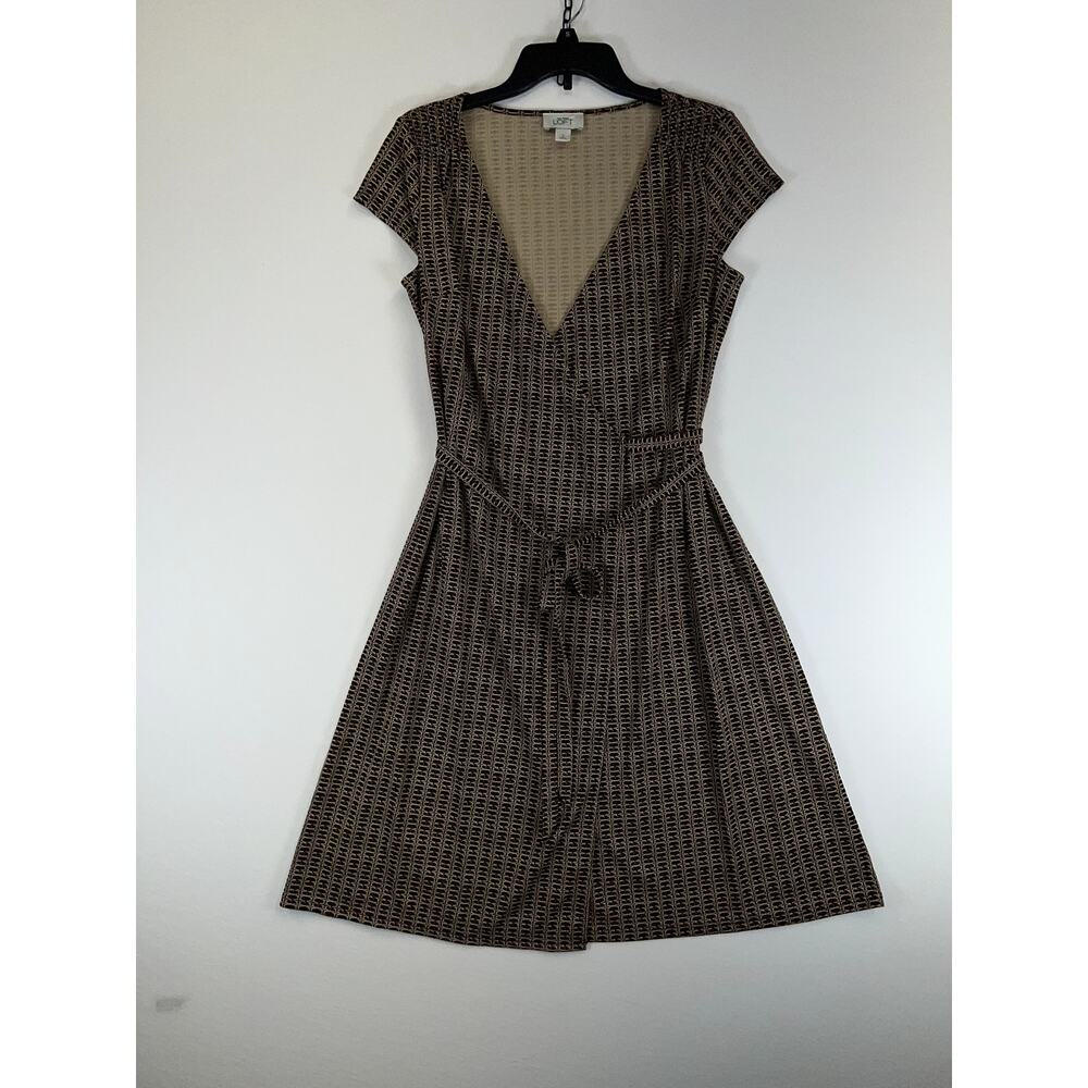 LOFT Brown and Black Patterned Short Sleeve Wrap Dress